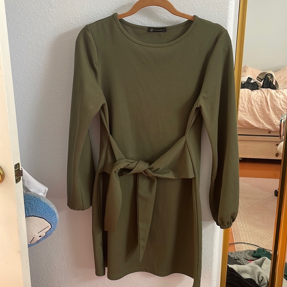 TIE FRONT LONG SLEEVE OLIVE DRESS